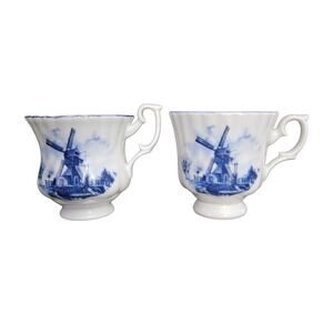 Delft Blue Windmill Teacups Set of 2 Holland Porcelain Footed Cups